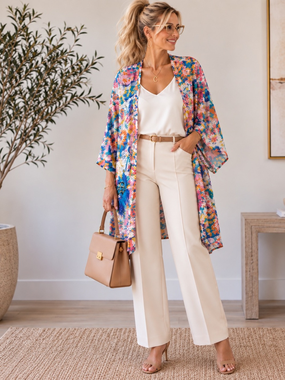 Relipop Floral Chiffon Kimono Cardigan Multicolor Sheer Cover Up 
Size:XXL